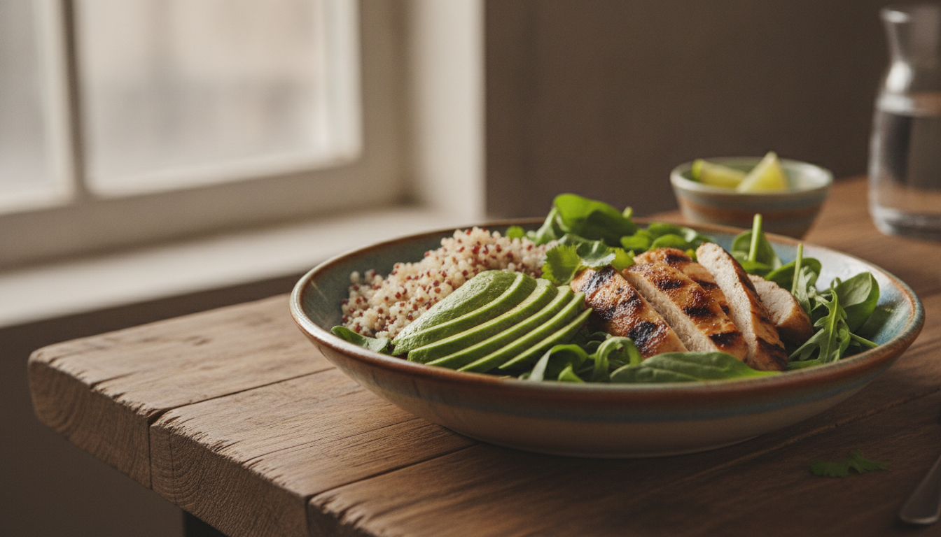 Close-up of a fresh Mexican lunch dish, avocado, quinoa, grilled chicken, and fresh greens, beautifully plated on a rustic ceramic plate, natural wooden table, soft depth of field.