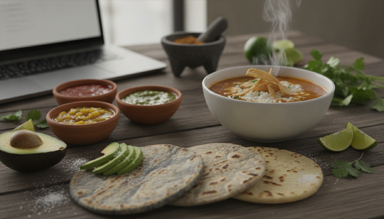 Close-up of a modern Mexican lunch plate with artisan tortillas, fresh avocado, colorful salsas, and a steaming bowl of traditional soup on a rustic wooden table with a laptop blurred in the background, professional food photography