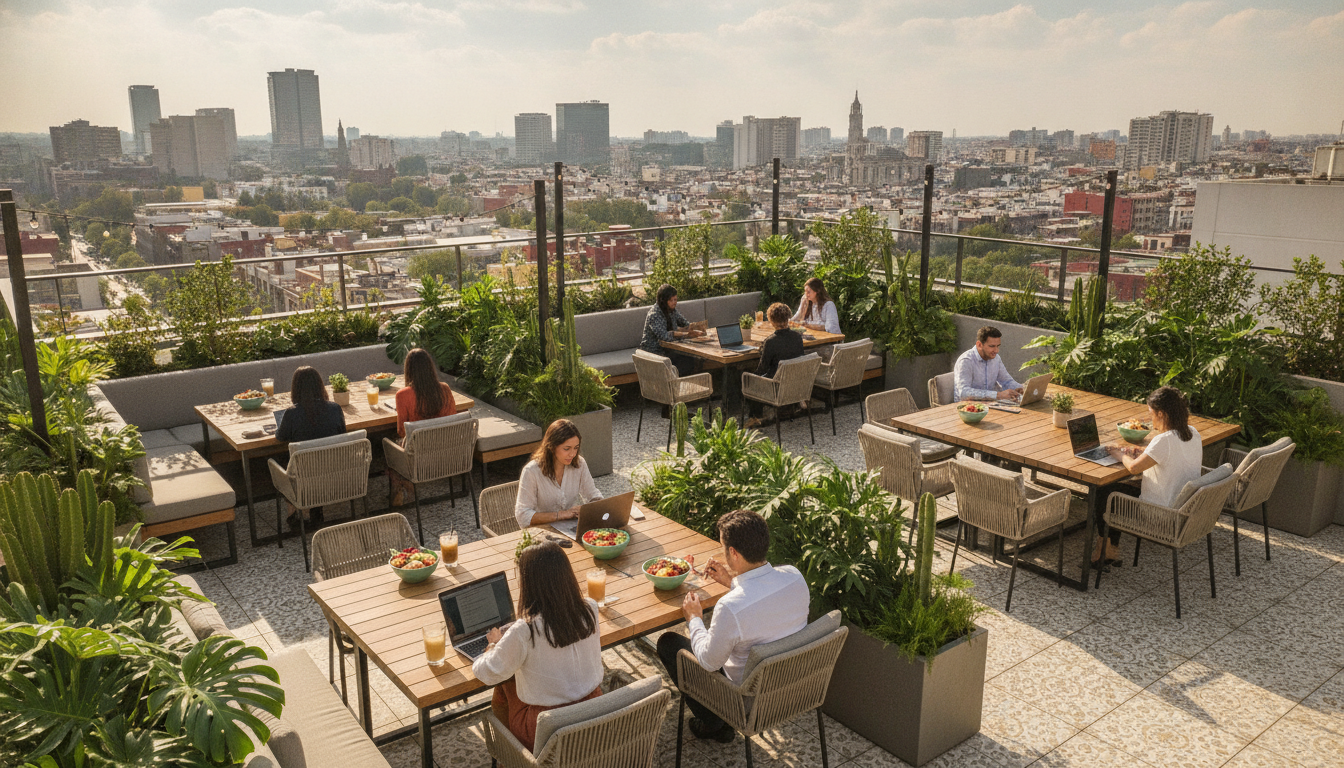 An aerial daytime view of a chic rooftop terrace in Mexico City, featuring comfortable workspaces with wooden tables, green plants, young professionals enjoying fresh bowls and drinks, with a blurred urban skyline in the background, warm and inviting atmosphere.