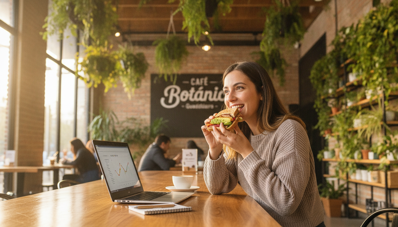 A happy freelancer working on a laptop at a cozy communal wooden table inside a modern green-filled restaurant-cafe in Guadalajara, taking a bite of a delicious artisanal sandwich. Soft focus background, warm and productive atmosphere.