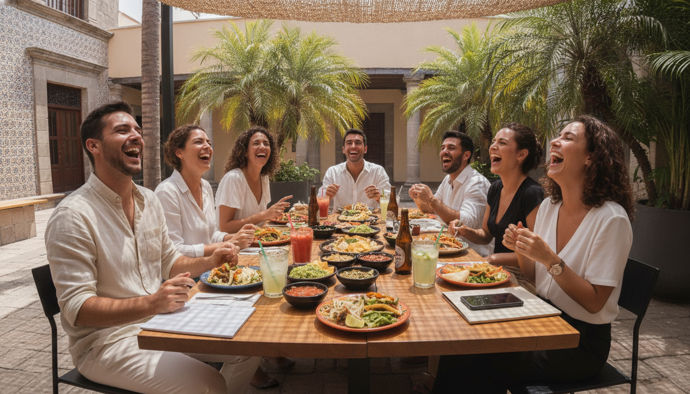 A happy group of young professional millennials and digital nomads laughing and sharing lunch at a long outdoor table of a contemporary Mexican restaurant in Puebla, sunny day, lifestyle photography.