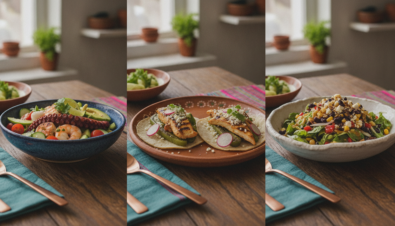 A colorful collage of diverse healthy lunches from different regions of Mexico, including a fresh seafood bowl, artisanal tacos, and a vibrant salad, beautifully plated on rustic modern tableware.