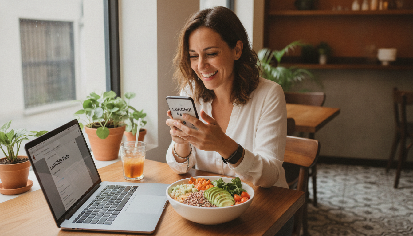 A digital nomad smiling while looking at their phone screen inside a cozy, design-forward cafe in Mexico City. On the table is a LunChill Pass digital interface on the phone, a laptop, and a delicious healthy bowl with quinoa and fresh vegetables. Bright, airy, and inviting lifestyle photography.