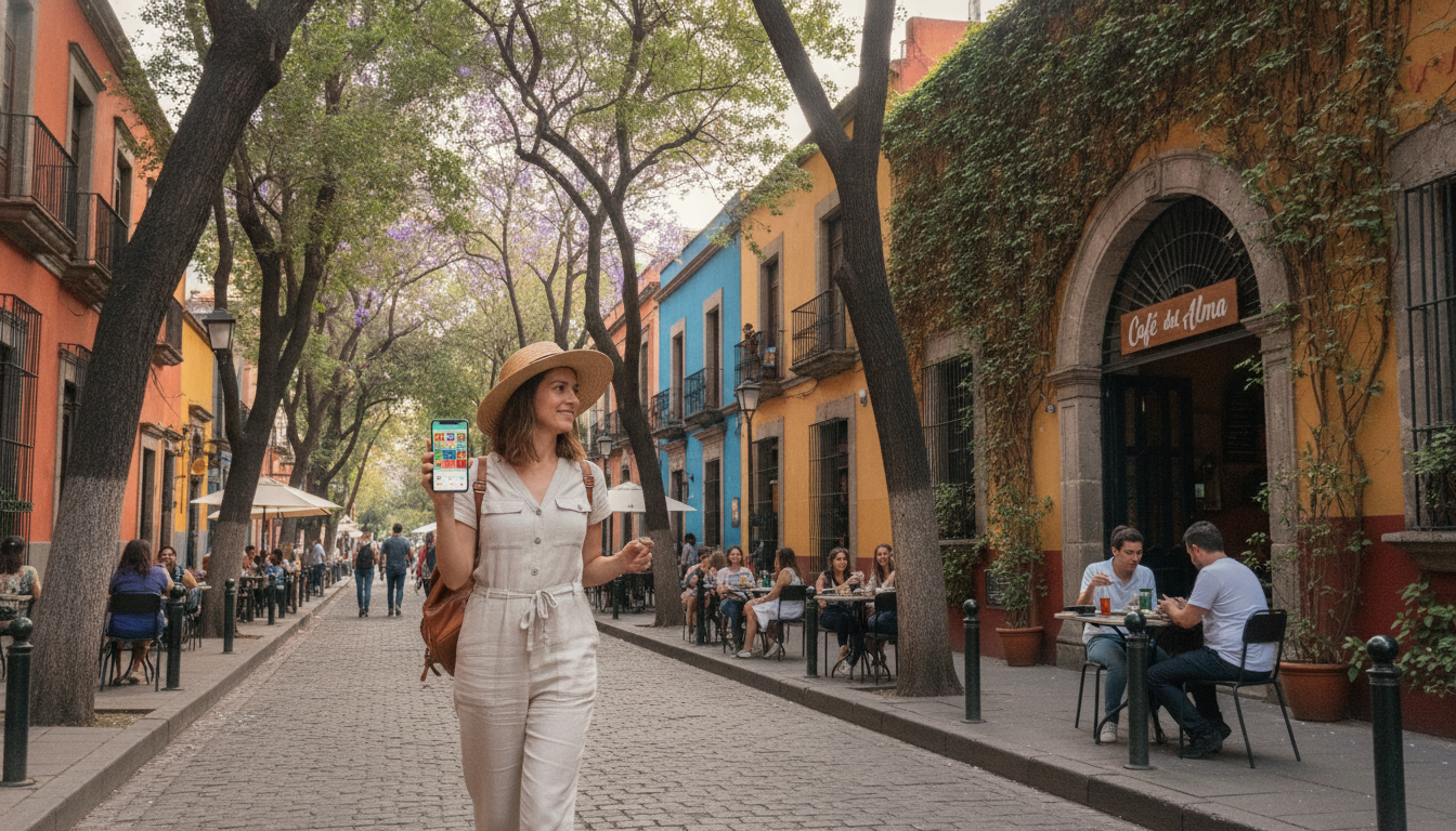 A digital nomad walking down a vibrant, tree-lined street in a trendy Mexican neighborhood like La Roma, holding a smartphone showing a food passport app, heading towards a cozy local bistro.