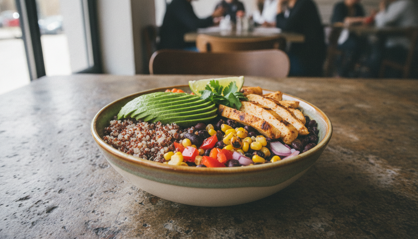 Close-up of a healthy Mexican lunch bowl with avocado, quinoa, colorful vegetables, and grilled chicken, served on a rustic stone table in a trendy cafe, natural sunlight, fresh and delicious look