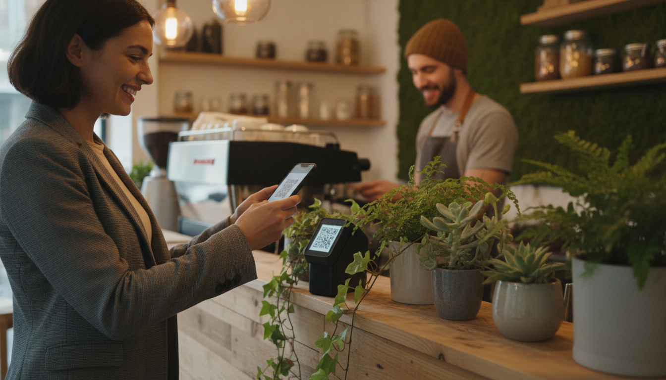 A happy young professional smiling while scanning a smartphone screen to pay at a local, eco-conscious cafe counter decorated with wood accents and green plants, friendly barista in the background, warm and inviting vibe