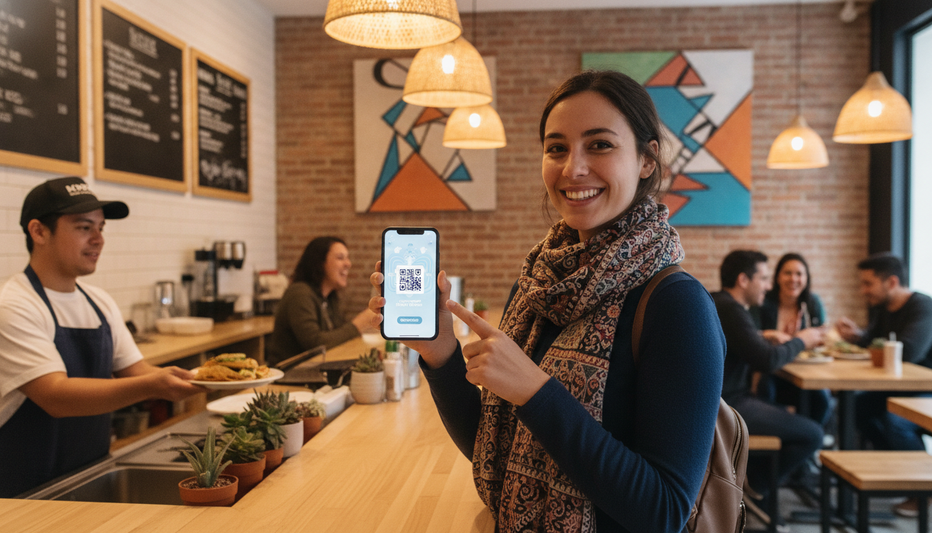 A digital nomad smiling while using a mobile app on their smartphone to redeem a food pass at the counter of a trendy, minimalist Mexican neighborhood diner, warm and inviting atmosphere