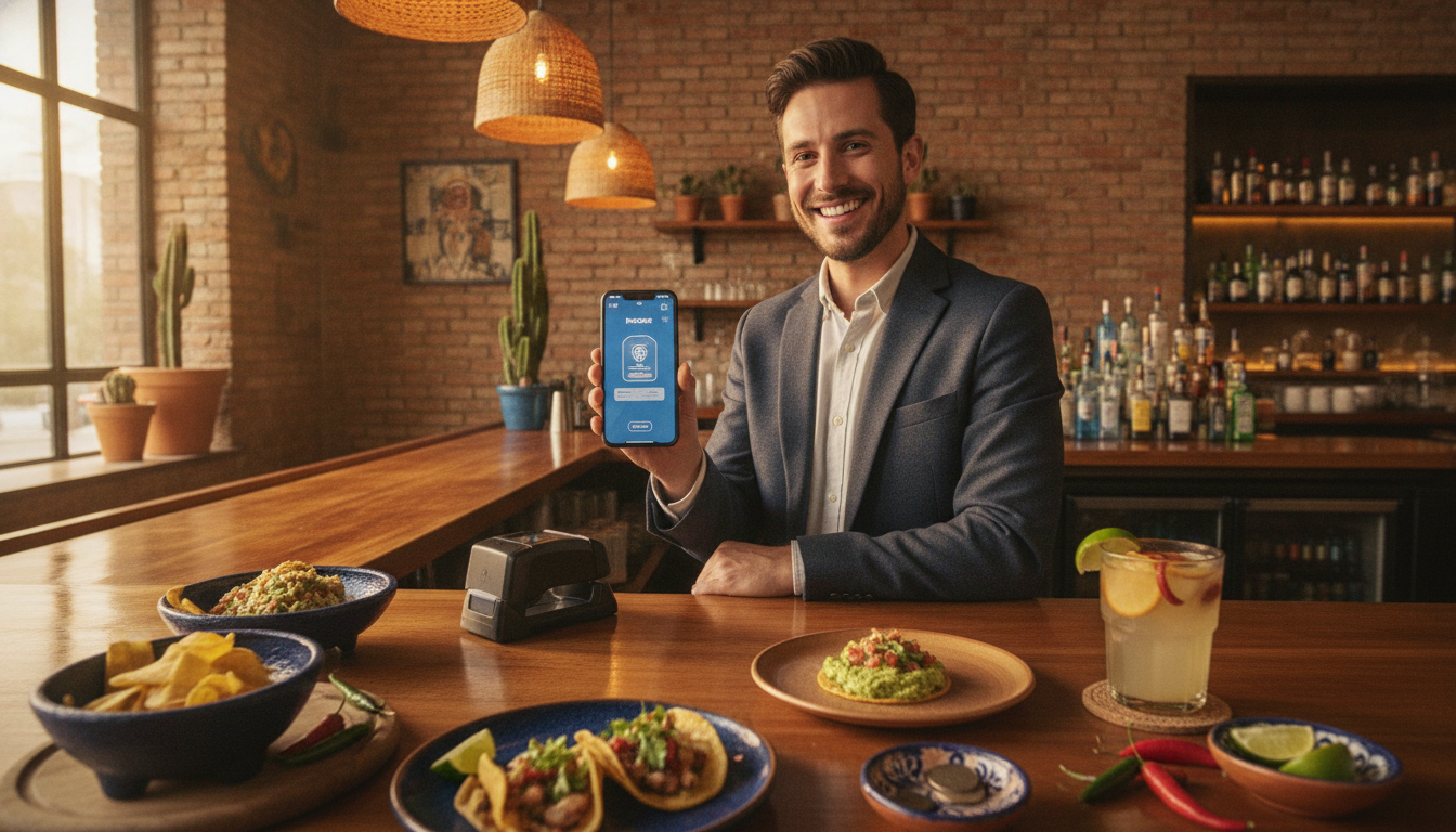 A happy young professional smiling while scanning a digital pass on their smartphone at a trendy Mexican restaurant counter, colorful and inviting atmosphere, flat lay style elements of fresh food nearby, cinematic lighting.