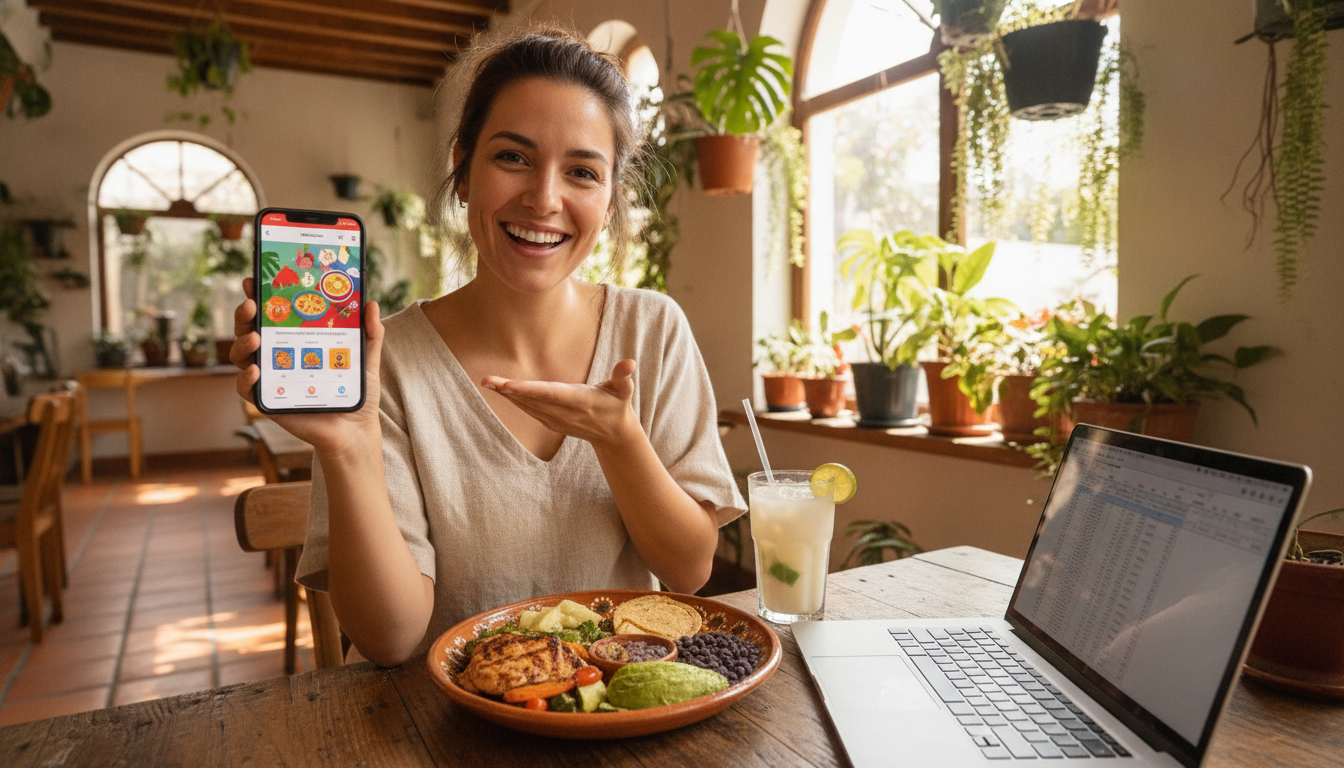 A happy young digital nomad woman working on a laptop in a cozy, plant-filled cafe in Mexico, smiling as she uses her smartphone to show a food subscription app, with a healthy Mexican lunch on her table.