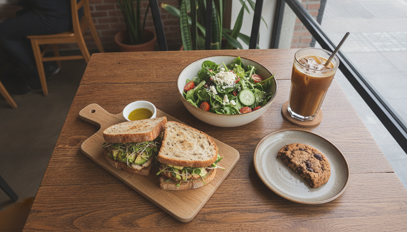 An aerial cozy shot of a wooden table in a trendy restaurant in Narvarte, showing a healthy lunch consisting of artisanal sandwich, fresh salad, and a cold brew coffee. Flat lay, professional food photography style.