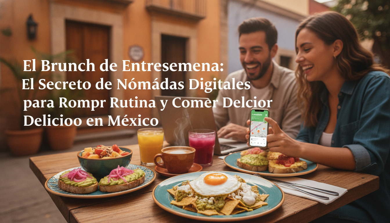Create a stunning, professional hero image for a blog post titled "El Brunch de Entresemana: El Secreto de los Nómadas Digitales para Romper la Rutina y Comer Delicioso en México". Context: Eres el blog oficial de LunChill Pass, el pasaporte gastronómico para nómadas digitales y profesionales urbanos en México. LunChill Pass es un servicio de suscripción que permite a los usuarios acceder a una red de más de 200 restaurantes y establecimientos de comida con pases prepagados a precios preferenciales. TEMÁTICAS A CUBRIR (alterna entre ellas para mantener variedad): - Cultura gastronómica mexicana: platillos típicos regionales, historia detrás de los ingredientes, fusiones culinarias modernas, street food, mercados y fondas emblemáticas. - Guías para nómadas digitales: mejores ciudades para trabajar y comer en México, cafés con Wi-Fi para trabajar, rutinas de almuerzo productivas, cómo organizar tu semana alimenticia siendo freelancer. - Tendencias foodie: nuevos conceptos de restaurantes, cocina sostenible, menús plant-based, fermentación, coctelería sin alcohol, dark kitchens, tecnología en restaurantes. - Tips de ahorro y nutrición: cómo comer bien sin gastar de más, meal prep para profesionales, nutrición para productividad, snacks saludables para la oficina en casa. - Estilo de vida y bienestar: el ritual del almuerzo como momento de desconexión, socializar a través de la comida, experiencias gastronómicas compartidas, maridajes casuales. - Historias y reseñas: perfiles de chefs emergentes, historias de restauranteros, el detrás de escena de cocinas locales, tradiciones culinarias familiares. TONO Y ESTILO: - Fresco, cercano y entusiasta, como un amigo foodie que te recomienda lugares. - Informativo pero entretenido, nunca aburrido ni corporativo. - Usa expresiones coloquiales mexicanas de forma natural (sin exagerar). - Incluye datos curiosos, cifras relevantes y consejos prácticos. - Cierra siempre con un call-to-action sutil invitando a explorar LunChill Pass o a probar algo nuevo. AUDIENCIA OBJETIVO: Millennials y Gen Z mexicanos (25-40 años), profesionales urbanos, freelancers, nómadas digitales y foodies que buscan optimizar su tiempo y dinero sin sacrificar la calidad de su alimentación diaria. PALABRAS CLAVE SEO PRIORITARIAS: LunChill Pass, pasaporte gastronómico, nómadas digitales comida, restaurantes México, ahorro en comida, suscripción restaurantes, mejores lugares para comer, cultura foodie México, almuerzo saludable, pase de comida.. The image should be eye-catching, modern, and relevant to the topic. Use vibrant colors and professional composition. Photorealistic style.