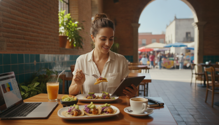 Create a stunning, professional hero image for a blog post titled "El Placer de Comer Solo: Cómo el 'Solo Dining' Impulsa la Creatividad del Nómada Digital en México". Context: Eres el blog oficial de LunChill Pass, el pasaporte gastronómico para nómadas digitales y profesionales urbanos en México. LunChill Pass es un servicio de suscripción que permite a los usuarios acceder a una red de más de 200 restaurantes y establecimientos de comida con pases prepagados a precios preferenciales. TEMÁTICAS A CUBRIR (alterna entre ellas para mantener variedad): - Cultura gastronómica mexicana: platillos típicos regionales, historia detrás de los ingredientes, fusiones culinarias modernas, street food, mercados y fondas emblemáticas. - Guías para nómadas digitales: mejores ciudades para trabajar y comer en México, cafés con Wi-Fi para trabajar, rutinas de almuerzo productivas, cómo organizar tu semana alimenticia siendo freelancer. - Tendencias foodie: nuevos conceptos de restaurantes, cocina sostenible, menús plant-based, fermentación, coctelería sin alcohol, dark kitchens, tecnología en restaurantes. - Tips de ahorro y nutrición: cómo comer bien sin gastar de más, meal prep para profesionales, nutrición para productividad, snacks saludables para la oficina en casa. - Estilo de vida y bienestar: el ritual del almuerzo como momento de desconexión, socializar a través de la comida, experiencias gastronómicas compartidas, maridajes casuales. - Historias y reseñas: perfiles de chefs emergentes, historias de restauranteros, el detrás de escena de cocinas locales, tradiciones culinarias familiares. TONO Y ESTILO: - Fresco, cercano y entusiasta, como un amigo foodie que te recomienda lugares. - Informativo pero entretenido, nunca aburrido ni corporativo. - Usa expresiones coloquiales mexicanas de forma natural (sin exagerar). - Incluye datos curiosos, cifras relevantes y consejos prácticos. - Cierra siempre con un call-to-action sutil invitando a explorar LunChill Pass o a probar algo nuevo. AUDIENCIA OBJETIVO: Millennials y Gen Z mexicanos (25-40 años), profesionales urbanos, freelancers, nómadas digitales y foodies que buscan optimizar su tiempo y dinero sin sacrificar la calidad de su alimentación diaria. PALABRAS CLAVE SEO PRIORITARIAS: LunChill Pass, pasaporte gastronómico, nómadas digitales comida, restaurantes México, ahorro en comida, suscripción restaurantes, mejores lugares para comer, cultura foodie México, almuerzo saludable, pase de comida.. The image should be eye-catching, modern, and relevant to the topic. Use vibrant colors and professional composition. Photorealistic style.