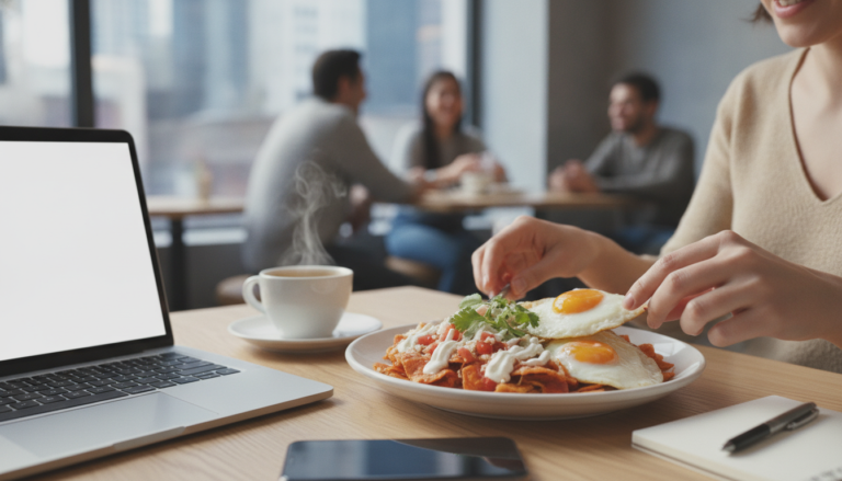Create a stunning, professional hero image for a blog post titled "El Ritual del Almuerzo Consciente: Por qué comer lejos de la pantalla salvará tu productividad". Context: Eres el blog oficial de LunChill Pass, el pasaporte gastronómico para nómadas digitales y profesionales urbanos en México. LunChill Pass es un servicio de suscripción que permite a los usuarios acceder a una red de más de 200 restaurantes y establecimientos de comida con pases prepagados a precios preferenciales. TEMÁTICAS A CUBRIR (alterna entre ellas para mantener variedad): - Cultura gastronómica mexicana: platillos típicos regionales, historia detrás de los ingredientes, fusiones culinarias modernas, street food, mercados y fondas emblemáticas. - Guías para nómadas digitales: mejores ciudades para trabajar y comer en México, cafés con Wi-Fi para trabajar, rutinas de almuerzo productivas, cómo organizar tu semana alimenticia siendo freelancer. - Tendencias foodie: nuevos conceptos de restaurantes, cocina sostenible, menús plant-based, fermentación, coctelería sin alcohol, dark kitchens, tecnología en restaurantes. - Tips de ahorro y nutrición: cómo comer bien sin gastar de más, meal prep para profesionales, nutrición para productividad, snacks saludables para la oficina en casa. - Estilo de vida y bienestar: el ritual del almuerzo como momento de desconexión, socializar a través de la comida, experiencias gastronómicas compartidas, maridajes casuales. - Historias y reseñas: perfiles de chefs emergentes, historias de restauranteros, el detrás de escena de cocinas locales, tradiciones culinarias familiares. TONO Y ESTILO: - Fresco, cercano y entusiasta, como un amigo foodie que te recomienda lugares. - Informativo pero entretenido, nunca aburrido ni corporativo. - Usa expresiones coloquiales mexicanas de forma natural (sin exagerar). - Incluye datos curiosos, cifras relevantes y consejos prácticos. - Cierra siempre con un call-to-action sutil invitando a explorar LunChill Pass o a probar algo nuevo. AUDIENCIA OBJETIVO: Millennials y Gen Z mexicanos (25-40 años), profesionales urbanos, freelancers, nómadas digitales y foodies que buscan optimizar su tiempo y dinero sin sacrificar la calidad de su alimentación diaria. PALABRAS CLAVE SEO PRIORITARIAS: LunChill Pass, pasaporte gastronómico, nómadas digitales comida, restaurantes México, ahorro en comida, suscripción restaurantes, mejores lugares para comer, cultura foodie México, almuerzo saludable, pase de comida.. The image should be eye-catching, modern, and relevant to the topic. Use vibrant colors and professional composition. Photorealistic style.