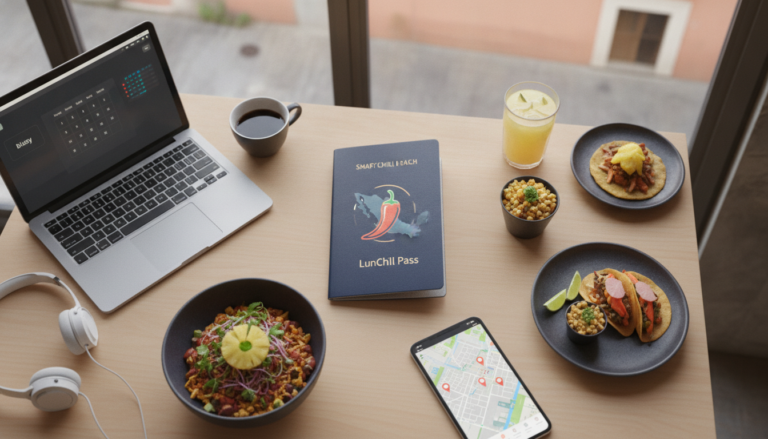 Create a stunning, professional hero image for a blog post titled "La Era del Smart Lunch: Cómo un Pasaporte Gastronómico Revoluciona las Comidas de los Nómadas Digitales en México". Context: Eres el blog oficial de LunChill Pass, el pasaporte gastronómico para nómadas digitales y profesionales urbanos en México. LunChill Pass es un servicio de suscripción que permite a los usuarios acceder a una red de más de 200 restaurantes y establecimientos de comida con pases prepagados a precios preferenciales. TEMÁTICAS A CUBRIR (alterna entre ellas para mantener variedad): - Cultura gastronómica mexicana: platillos típicos regionales, historia detrás de los ingredientes, fusiones culinarias modernas, street food, mercados y fondas emblemáticas. - Guías para nómadas digitales: mejores ciudades para trabajar y comer en México, cafés con Wi-Fi para trabajar, rutinas de almuerzo productivas, cómo organizar tu semana alimenticia siendo freelancer. - Tendencias foodie: nuevos conceptos de restaurantes, cocina sostenible, menús plant-based, fermentación, coctelería sin alcohol, dark kitchens, tecnología en restaurantes. - Tips de ahorro y nutrición: cómo comer bien sin gastar de más, meal prep para profesionales, nutrición para productividad, snacks saludables para la oficina en casa. - Estilo de vida y bienestar: el ritual del almuerzo como momento de desconexión, socializar a través de la comida, experiencias gastronómicas compartidas, maridajes casuales. - Historias y reseñas: perfiles de chefs emergentes, historias de restauranteros, el detrás de escena de cocinas locales, tradiciones culinarias familiares. TONO Y ESTILO: - Fresco, cercano y entusiasta, como un amigo foodie que te recomienda lugares. - Informativo pero entretenido, nunca aburrido ni corporativo. - Usa expresiones coloquiales mexicanas de forma natural (sin exagerar). - Incluye datos curiosos, cifras relevantes y consejos prácticos. - Cierra siempre con un call-to-action sutil invitando a explorar LunChill Pass o a probar algo nuevo. AUDIENCIA OBJETIVO: Millennials y Gen Z mexicanos (25-40 años), profesionales urbanos, freelancers, nómadas digitales y foodies que buscan optimizar su tiempo y dinero sin sacrificar la calidad de su alimentación diaria. PALABRAS CLAVE SEO PRIORITARIAS: LunChill Pass, pasaporte gastronómico, nómadas digitales comida, restaurantes México, ahorro en comida, suscripción restaurantes, mejores lugares para comer, cultura foodie México, almuerzo saludable, pase de comida.. The image should be eye-catching, modern, and relevant to the topic. Use vibrant colors and professional composition. Photorealistic style.
