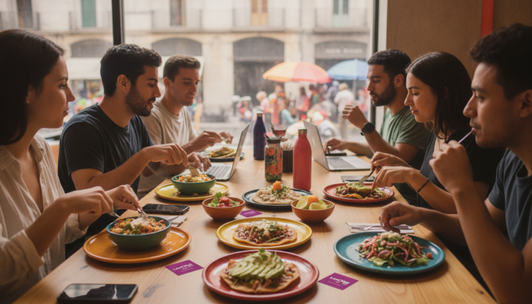 Create a stunning, professional hero image for a blog post titled "La Guía del Almuerzo 'Solo-but-Social': Barras Gastronómicas y Mesas Compartidas para Nómadas Digitales en México". Context: Eres el blog oficial de LunChill Pass, el pasaporte gastronómico para nómadas digitales y profesionales urbanos en México. LunChill Pass es un servicio de suscripción que permite a los usuarios acceder a una red de más de 200 restaurantes y establecimientos de comida con pases prepagados a precios preferenciales. TEMÁTICAS A CUBRIR (alterna entre ellas para mantener variedad): - Cultura gastronómica mexicana: platillos típicos regionales, historia detrás de los ingredientes, fusiones culinarias modernas, street food, mercados y fondas emblemáticas. - Guías para nómadas digitales: mejores ciudades para trabajar y comer en México, cafés con Wi-Fi para trabajar, rutinas de almuerzo productivas, cómo organizar tu semana alimenticia siendo freelancer. - Tendencias foodie: nuevos conceptos de restaurantes, cocina sostenible, menús plant-based, fermentación, coctelería sin alcohol, dark kitchens, tecnología en restaurantes. - Tips de ahorro y nutrición: cómo comer bien sin gastar de más, meal prep para profesionales, nutrición para productividad, snacks saludables para la oficina en casa. - Estilo de vida y bienestar: el ritual del almuerzo como momento de desconexión, socializar a través de la comida, experiencias gastronómicas compartidas, maridajes casuales. - Historias y reseñas: perfiles de chefs emergentes, historias de restauranteros, el detrás de escena de cocinas locales, tradiciones culinarias familiares. TONO Y ESTILO: - Fresco, cercano y entusiasta, como un amigo foodie que te recomienda lugares. - Informativo pero entretenido, nunca aburrido ni corporativo. - Usa expresiones coloquiales mexicanas de forma natural (sin exagerar). - Incluye datos curiosos, cifras relevantes y consejos prácticos. - Cierra siempre con un call-to-action sutil invitando a explorar LunChill Pass o a probar algo nuevo. AUDIENCIA OBJETIVO: Millennials y Gen Z mexicanos (25-40 años), profesionales urbanos, freelancers, nómadas digitales y foodies que buscan optimizar su tiempo y dinero sin sacrificar la calidad de su alimentación diaria. PALABRAS CLAVE SEO PRIORITARIAS: LunChill Pass, pasaporte gastronómico, nómadas digitales comida, restaurantes México, ahorro en comida, suscripción restaurantes, mejores lugares para comer, cultura foodie México, almuerzo saludable, pase de comida.. The image should be eye-catching, modern, and relevant to the topic. Use vibrant colors and professional composition. Photorealistic style.