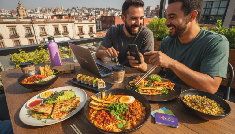Create a stunning, professional hero image for a blog post titled "La Revolución del Almuerzo Mex-Asiático: La Fusión que Conquista a los Nómadas Digitales en México". Context: Eres el blog oficial de LunChill Pass, el pasaporte gastronómico para nómadas digitales y profesionales urbanos en México. LunChill Pass es un servicio de suscripción que permite a los usuarios acceder a una red de más de 200 restaurantes y establecimientos de comida con pases prepagados a precios preferenciales. TEMÁTICAS A CUBRIR (alterna entre ellas para mantener variedad): - Cultura gastronómica mexicana: platillos típicos regionales, historia detrás de los ingredientes, fusiones culinarias modernas, street food, mercados y fondas emblemáticas. - Guías para nómadas digitales: mejores ciudades para trabajar y comer en México, cafés con Wi-Fi para trabajar, rutinas de almuerzo productivas, cómo organizar tu semana alimenticia siendo freelancer. - Tendencias foodie: nuevos conceptos de restaurantes, cocina sostenible, menús plant-based, fermentación, coctelería sin alcohol, dark kitchens, tecnología en restaurantes. - Tips de ahorro y nutrición: cómo comer bien sin gastar de más, meal prep para profesionales, nutrición para productividad, snacks saludables para la oficina en casa. - Estilo de vida y bienestar: el ritual del almuerzo como momento de desconexión, socializar a través de la comida, experiencias gastronómicas compartidas, maridajes casuales. - Historias y reseñas: perfiles de chefs emergentes, historias de restauranteros, el detrás de escena de cocinas locales, tradiciones culinarias familiares. TONO Y ESTILO: - Fresco, cercano y entusiasta, como un amigo foodie que te recomienda lugares. - Informativo pero entretenido, nunca aburrido ni corporativo. - Usa expresiones coloquiales mexicanas de forma natural (sin exagerar). - Incluye datos curiosos, cifras relevantes y consejos prácticos. - Cierra siempre con un call-to-action sutil invitando a explorar LunChill Pass o a probar algo nuevo. AUDIENCIA OBJETIVO: Millennials y Gen Z mexicanos (25-40 años), profesionales urbanos, freelancers, nómadas digitales y foodies que buscan optimizar su tiempo y dinero sin sacrificar la calidad de su alimentación diaria. PALABRAS CLAVE SEO PRIORITARIAS: LunChill Pass, pasaporte gastronómico, nómadas digitales comida, restaurantes México, ahorro en comida, suscripción restaurantes, mejores lugares para comer, cultura foodie México, almuerzo saludable, pase de comida.. The image should be eye-catching, modern, and relevant to the topic. Use vibrant colors and professional composition. Photorealistic style.