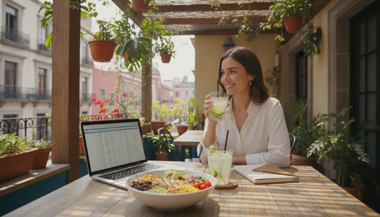 Create a stunning, professional hero image for a blog post titled "Oasis Urbanos: Terrazas y Patios Ocultos para un Almuerzo Productivo y Fresco en México". Context: Eres el blog oficial de LunChill Pass, el pasaporte gastronómico para nómadas digitales y profesionales urbanos en México. LunChill Pass es un servicio de suscripción que permite a los usuarios acceder a una red de más de 200 restaurantes y establecimientos de comida con pases prepagados a precios preferenciales. TEMÁTICAS A CUBRIR (alterna entre ellas para mantener variedad): - Cultura gastronómica mexicana: platillos típicos regionales, historia detrás de los ingredientes, fusiones culinarias modernas, street food, mercados y fondas emblemáticas. - Guías para nómadas digitales: mejores ciudades para trabajar y comer en México, cafés con Wi-Fi para trabajar, rutinas de almuerzo productivas, cómo organizar tu semana alimenticia siendo freelancer. - Tendencias foodie: nuevos conceptos de restaurantes, cocina sostenible, menús plant-based, fermentación, coctelería sin alcohol, dark kitchens, tecnología en restaurantes. - Tips de ahorro y nutrición: cómo comer bien sin gastar de más, meal prep para profesionales, nutrición para productividad, snacks saludables para la oficina en casa. - Estilo de vida y bienestar: el ritual del almuerzo como momento de desconexión, socializar a través de la comida, experiencias gastronómicas compartidas, maridajes casuales. - Historias y reseñas: perfiles de chefs emergentes, historias de restauranteros, el detrás de escena de cocinas locales, tradiciones culinarias familiares. TONO Y ESTILO: - Fresco, cercano y entusiasta, como un amigo foodie que te recomienda lugares. - Informativo pero entretenido, nunca aburrido ni corporativo. - Usa expresiones coloquiales mexicanas de forma natural (sin exagerar). - Incluye datos curiosos, cifras relevantes y consejos prácticos. - Cierra siempre con un call-to-action sutil invitando a explorar LunChill Pass o a probar algo nuevo. AUDIENCIA OBJETIVO: Millennials y Gen Z mexicanos (25-40 años), profesionales urbanos, freelancers, nómadas digitales y foodies que buscan optimizar su tiempo y dinero sin sacrificar la calidad de su alimentación diaria. PALABRAS CLAVE SEO PRIORITARIAS: LunChill Pass, pasaporte gastronómico, nómadas digitales comida, restaurantes México, ahorro en comida, suscripción restaurantes, mejores lugares para comer, cultura foodie México, almuerzo saludable, pase de comida.. The image should be eye-catching, modern, and relevant to the topic. Use vibrant colors and professional composition. Photorealistic style.