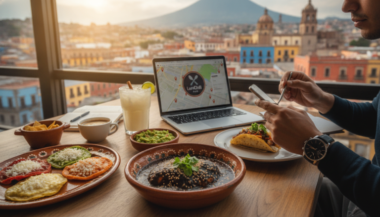 Create a stunning, professional hero image for a blog post titled "Puebla Foodie: La Guía de Almuerzos para Nómadas Digitales en la Ciudad de los Ángeles". Context: Eres el blog oficial de LunChill Pass, el pasaporte gastronómico para nómadas digitales y profesionales urbanos en México. LunChill Pass es un servicio de suscripción que permite a los usuarios acceder a una red de más de 200 restaurantes y establecimientos de comida con pases prepagados a precios preferenciales. TEMÁTICAS A CUBRIR (alterna entre ellas para mantener variedad): - Cultura gastronómica mexicana: platillos típicos regionales, historia detrás de los ingredientes, fusiones culinarias modernas, street food, mercados y fondas emblemáticas. - Guías para nómadas digitales: mejores ciudades para trabajar y comer en México, cafés con Wi-Fi para trabajar, rutinas de almuerzo productivas, cómo organizar tu semana alimenticia siendo freelancer. - Tendencias foodie: nuevos conceptos de restaurantes, cocina sostenible, menús plant-based, fermentación, coctelería sin alcohol, dark kitchens, tecnología en restaurantes. - Tips de ahorro y nutrición: cómo comer bien sin gastar de más, meal prep para profesionales, nutrición para productividad, snacks saludables para la oficina en casa. - Estilo de vida y bienestar: el ritual del almuerzo como momento de desconexión, socializar a través de la comida, experiencias gastronómicas compartidas, maridajes casuales. - Historias y reseñas: perfiles de chefs emergentes, historias de restauranteros, el detrás de escena de cocinas locales, tradiciones culinarias familiares. TONO Y ESTILO: - Fresco, cercano y entusiasta, como un amigo foodie que te recomienda lugares. - Informativo pero entretenido, nunca aburrido ni corporativo. - Usa expresiones coloquiales mexicanas de forma natural (sin exagerar). - Incluye datos curiosos, cifras relevantes y consejos prácticos. - Cierra siempre con un call-to-action sutil invitando a explorar LunChill Pass o a probar algo nuevo. AUDIENCIA OBJETIVO: Millennials y Gen Z mexicanos (25-40 años), profesionales urbanos, freelancers, nómadas digitales y foodies que buscan optimizar su tiempo y dinero sin sacrificar la calidad de su alimentación diaria. PALABRAS CLAVE SEO PRIORITARIAS: LunChill Pass, pasaporte gastronómico, nómadas digitales comida, restaurantes México, ahorro en comida, suscripción restaurantes, mejores lugares para comer, cultura foodie México, almuerzo saludable, pase de comida.. The image should be eye-catching, modern, and relevant to the topic. Use vibrant colors and professional composition. Photorealistic style.