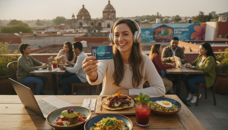 Create a stunning, professional hero image for a blog post titled "Turista Gastronómico en tu Propia Ciudad: El Almuerzo Diario como Micro-Aventura para Nómadas Digitales". Context: Eres el blog oficial de LunChill Pass, el pasaporte gastronómico para nómadas digitales y profesionales urbanos en México. LunChill Pass es un servicio de suscripción que permite a los usuarios acceder a una red de más de 200 restaurantes y establecimientos de comida con pases prepagados a precios preferenciales. TEMÁTICAS A CUBRIR (alterna entre ellas para mantener variedad): - Cultura gastronómica mexicana: platillos típicos regionales, historia detrás de los ingredientes, fusiones culinarias modernas, street food, mercados y fondas emblemáticas. - Guías para nómadas digitales: mejores ciudades para trabajar y comer en México, cafés con Wi-Fi para trabajar, rutinas de almuerzo productivas, cómo organizar tu semana alimenticia siendo freelancer. - Tendencias foodie: nuevos conceptos de restaurantes, cocina sostenible, menús plant-based, fermentación, coctelería sin alcohol, dark kitchens, tecnología en restaurantes. - Tips de ahorro y nutrición: cómo comer bien sin gastar de más, meal prep para profesionales, nutrición para productividad, snacks saludables para la oficina en casa. - Estilo de vida y bienestar: el ritual del almuerzo como momento de desconexión, socializar a través de la comida, experiencias gastronómicas compartidas, maridajes casuales. - Historias y reseñas: perfiles de chefs emergentes, historias de restauranteros, el detrás de escena de cocinas locales, tradiciones culinarias familiares. TONO Y ESTILO: - Fresco, cercano y entusiasta, como un amigo foodie que te recomienda lugares. - Informativo pero entretenido, nunca aburrido ni corporativo. - Usa expresiones coloquiales mexicanas de forma natural (sin exagerar). - Incluye datos curiosos, cifras relevantes y consejos prácticos. - Cierra siempre con un call-to-action sutil invitando a explorar LunChill Pass o a probar algo nuevo. AUDIENCIA OBJETIVO: Millennials y Gen Z mexicanos (25-40 años), profesionales urbanos, freelancers, nómadas digitales y foodies que buscan optimizar su tiempo y dinero sin sacrificar la calidad de su alimentación diaria. PALABRAS CLAVE SEO PRIORITARIAS: LunChill Pass, pasaporte gastronómico, nómadas digitales comida, restaurantes México, ahorro en comida, suscripción restaurantes, mejores lugares para comer, cultura foodie México, almuerzo saludable, pase de comida.. The image should be eye-catching, modern, and relevant to the topic. Use vibrant colors and professional composition. Photorealistic style.
